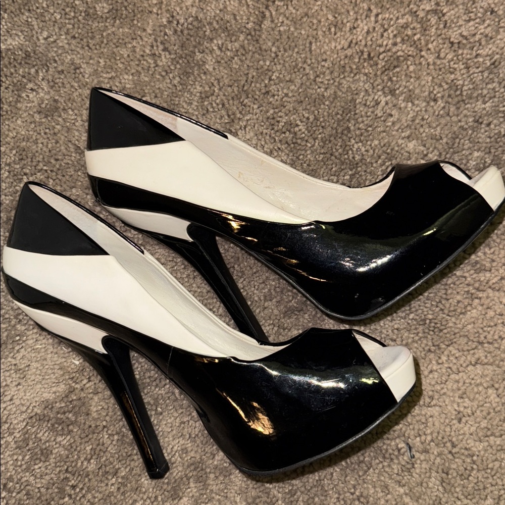 BCBGeneration Black and White Patent leather Peep Toe Heels